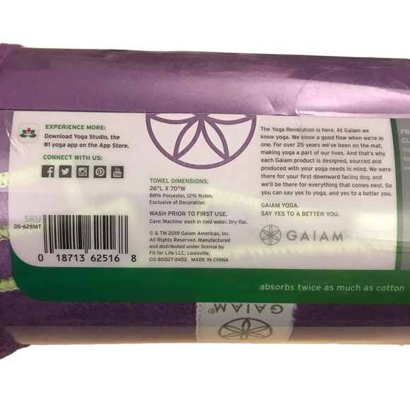 Gaiam Yoga Mat Towel Non Slip Fast Dry Purple Microfiber Pilates Hot Yoga 26x70 - Picture 5 of 10